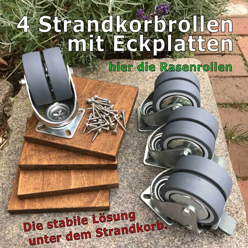 Strandkorb Zubehör Rasen-Rollen mit Feststeller und Eckplatten 14x14cm,  4 er Set - Strandkorb Prieß