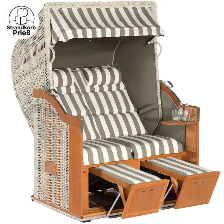 8094 Strandkorb Sonnenpartner Modell Classic PE Geflecht taupe, Holz lasiert, Dessin Banda Canela, uni taupe wie abgebildet - Strandkorb Prieß