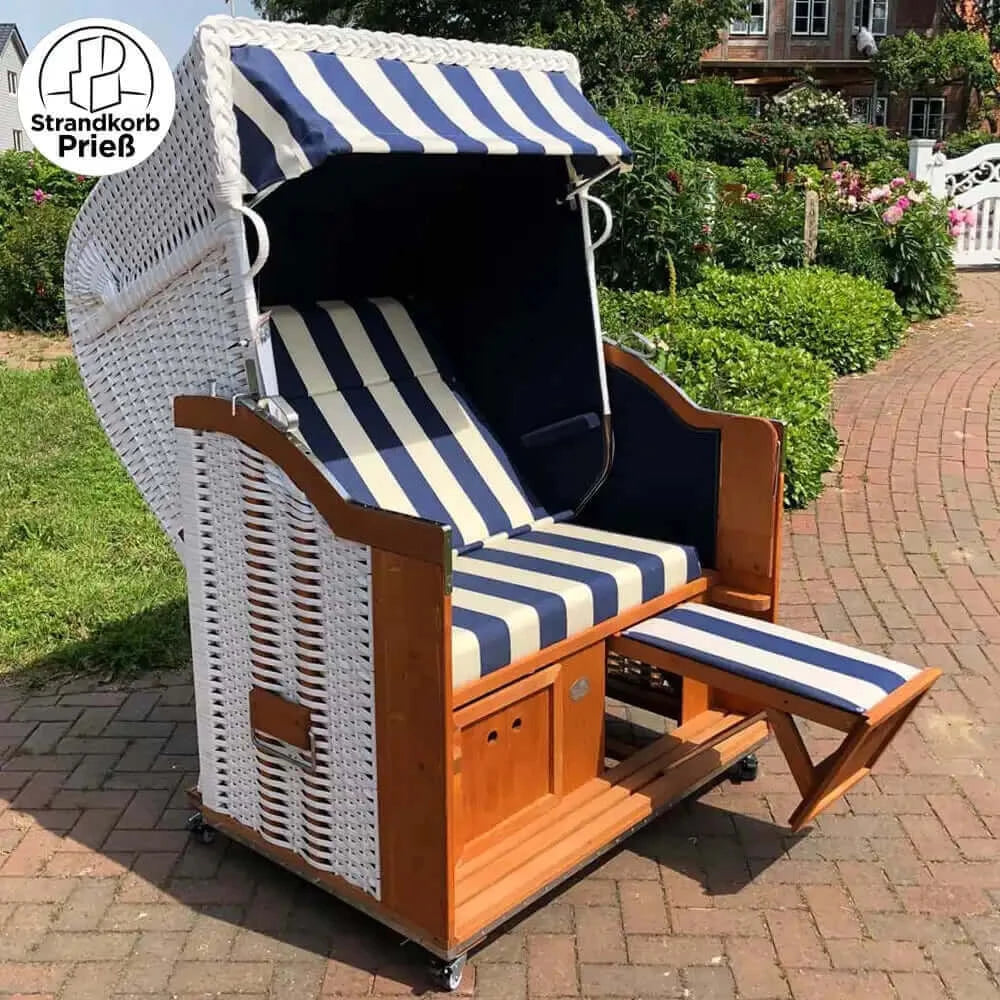 8053 Strandkorb Sonnenpartner Modell Classic Geflecht weiss, Holz lasiert, Dessin 40, Seiten uni blau 702 wie abgebildet - Strandkorb Prieß