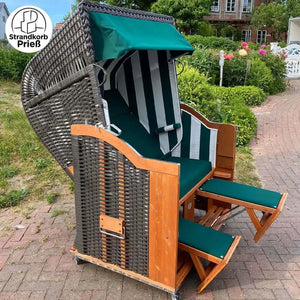 8031 Strandkorb Sonnenpartner Modell Classic Geflecht anthrazit, Holz lasiert, Dessin 704 uni grün, Seiten Himmel 50 gestreift wie abgebildet - Strandkorb Prieß