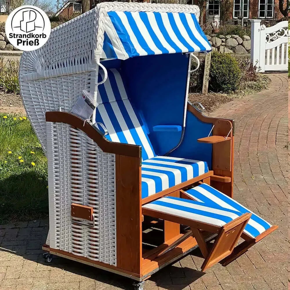 8193 Strandkorb Sonnenpartner Modell Classic weiss, Dessin 200 Kunststofffolie Innenfolie 840 blau wie abgebildet - Strandkorb Prieß