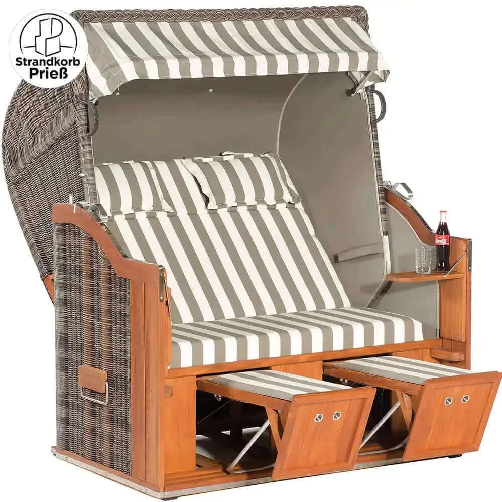 8189 Strandkorb Sonnenpartner Modell Classic Teak PE Rundgeflecht cappuccino, Dessin Banda-Prado Innenteil uni taupe wie abgebildet - Strandkorb Prieß