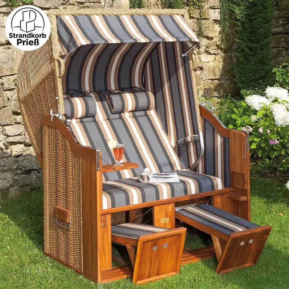 8182 Strandkorb Sonnenpartner Modell Classic Teak PE Rundgeflecht Hyazinthoptik, Dessin 65 wie abgebildet - Strandkorb Prieß