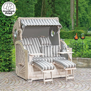 Strandkorb SunnySmart Rustikal 500 PLUS Comfort, mit Bullaugen, Mahagoni-Holz smoke-white, PE-Geflecht antik-weiß, Dessin 1251 - Strandkorb Prieß