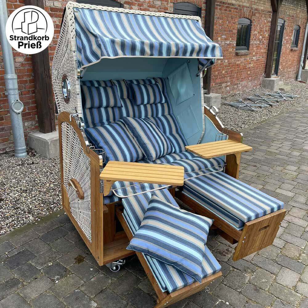 7018 Strandkorb Prieß Modell Meister, Foto zeigt Iroko Holz, PE Geflecht taupe, Größe wählbar, Stoffdessin wie abgebildet - Strandkorb Prieß