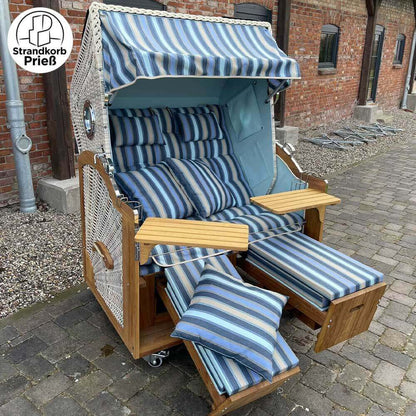 7018 Strandkorb Prieß Modell Meister, Foto zeigt Iroko Holz, PE Geflecht taupe, Größe wählbar, Stoffdessin wie abgebildet - Strandkorb Fachhandel Prieß