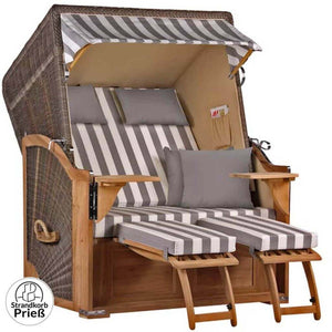 Strandkorb Seeblick Teak PE grey 2-Sitzer Dessin 513-grau-weiss - Strandkorb Prieß