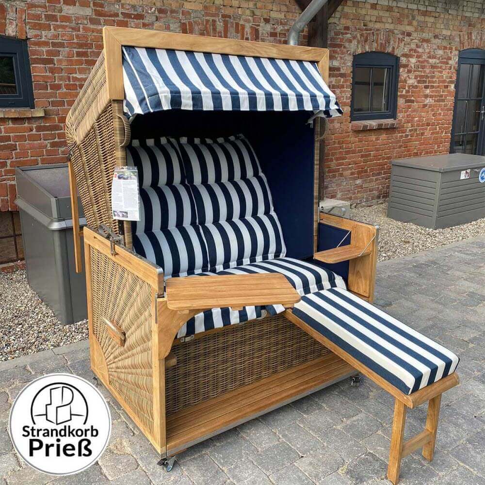 Strandkorb Sonnenpartner Modell Admiral Teak antik braun, 2 XL-Sitzer, 135 cm, 3/4 Lieger, Dessin Azur 9932 wie abgebildet - Strandkorb Prieß