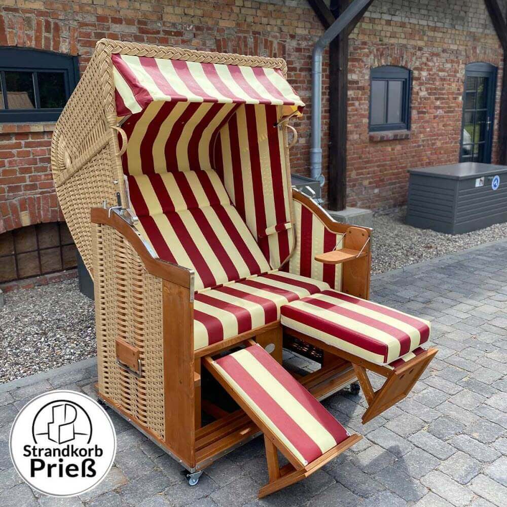 Strandkorb Sonnenpartner Modell Classic Holz natur lasiert PVC-Geflecht beige Dessin PVC-Stoff 650 rot beige - Strandkorb Prieß